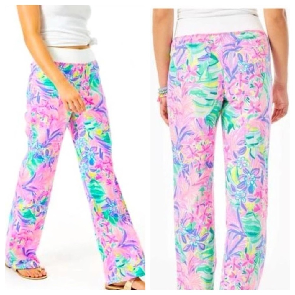 Lilly Pulitzer sz S Pink Floral Linen Wide Leg Palazzo Pants It Was All A Dream